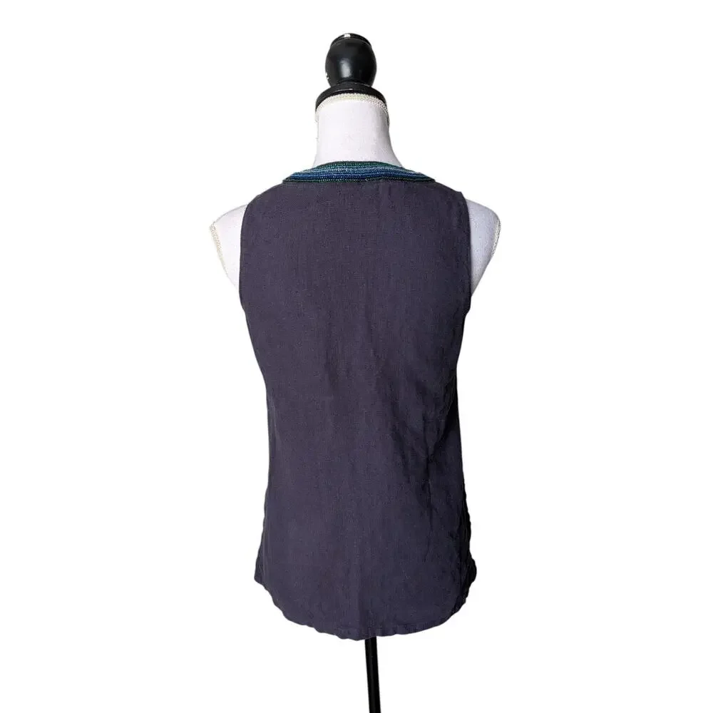 Tory Burch 100% Linen Navy Blue Beaded Fish V Neck Top Size 2 Sleeveless